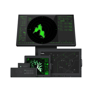 The image shows a collection of MIL-qualified HATTELAND® products for naval & defence: Monitors, a tactical table/chart table, panel computers, and computers/servers. The products are black with green elements and backgrounds..