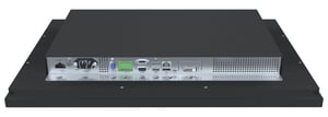 This illustration shows a HATTELAND® 27-inch Series X marine monitor. The latest generation offers a range of inputs including USB-C, DisplayPort (DP), HDMI, VGA, Serial signals, Ethernet, and Multi-power AC/DC.