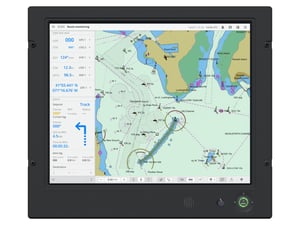 This image depicts a HATTELAND® 19-inch Series 1 marine monitor, made by Hatteland Technology. It displays a nautical chart. 