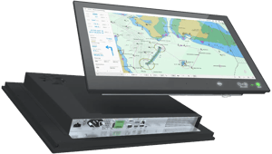 Two HATTELAND® Series X monitors, made by Hatteland Technology, are seen suspended in the air. 