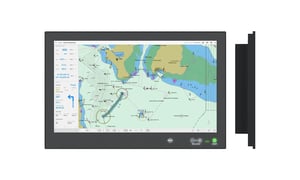 This illustration shows the Hatteland Technology Series X monitor, from the front and the side. The monitor is displaying a nautical chart.