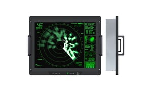 This illustration shows the Hatteland Technology XRD MIL Qualified monitor, from the front and the side. The monitor is displaying a radar image.